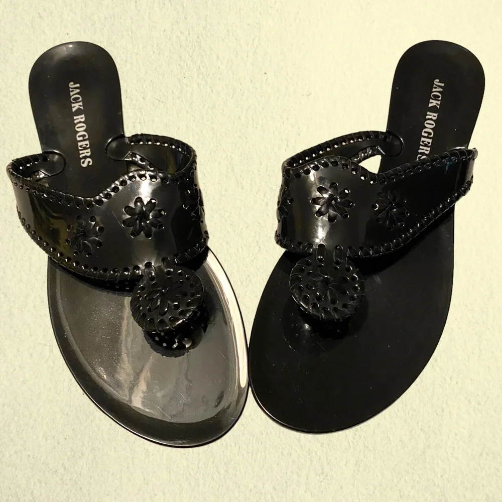 Jack Rogers Black Sandals 11 Shoes Flip Flops Shiny Woven Thongs Jellies Trendy - Picture 1 of 8